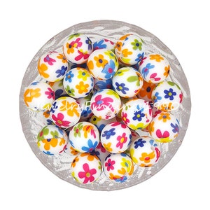 Round Print Beads, Silicone Loose Beads, Colorful Flower Print Beads, 15mm Silicone Beads, Soft Charm Beads, Bulk Beads