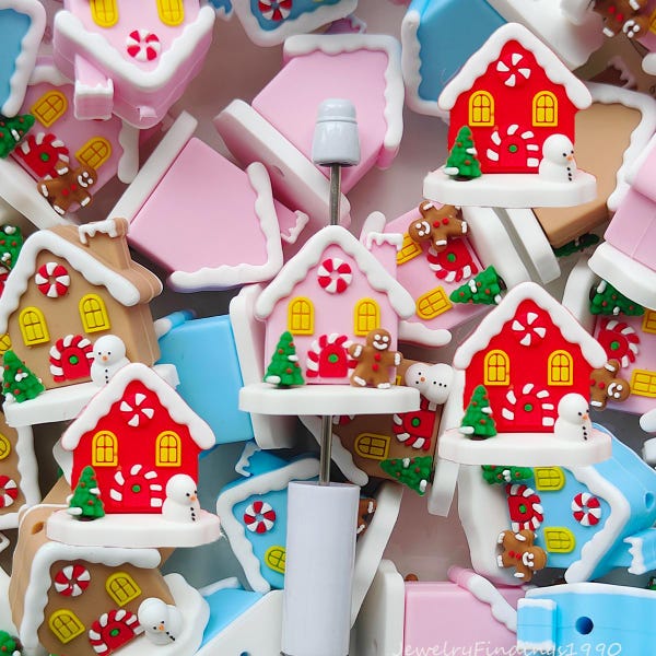 3D Christmas Gingerbread House Focal Beads,Silicone Beads,DIY Pen Craft Making