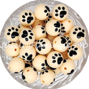 New Dog Paw Print Round Silicone Beads, 15mm Silicone Paw Beads, 20 - 100 Pcs Bulk Loose Beads, DIY Jewelry Necklace Making