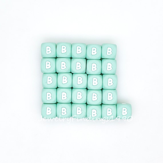 Mint Green 12mm Alphabet Silicone Letter Beads, A-Z Silicone Beads, Alphabet Cube Beads, Wholesale Silicone Beads, Square Letter A to Z Bead