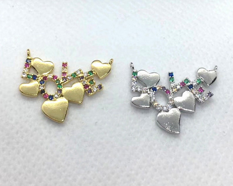 Heart LOVE Letter Pendants,Micro Pave Colorful CZ Pendant,Jewelry Making Brass Cubic Zirconia Charm Connector Jewelry Finding Accessories
