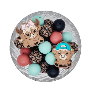 15mm Mixed Western Print Silicone Beads,Highland Cow Focal Beads,22/44/88pcs Assorted Silicone Beads