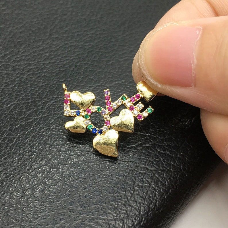 Heart LOVE Letter Pendants,Micro Pave Colorful CZ Pendant,Jewelry Making Brass Cubic Zirconia Charm Connector Jewelry Finding Accessories
