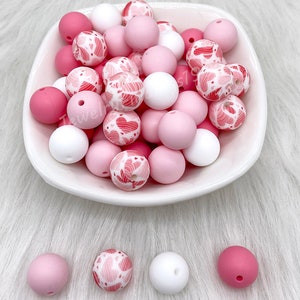 Cute Heart Print Silicone Beads Mix, Wholesale 12/15mm Round Silicone Beads, Soft Beads, 4 Colors Mixed Loose Silicone Beads