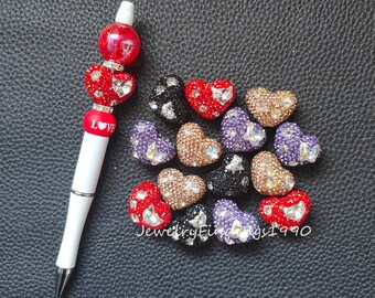 Sparkle Heart Beads,Bling Rhinestone  Polymer Clay Heart Beads,Pen Focal Beads,Fancy Beads,Big Heart Beads
