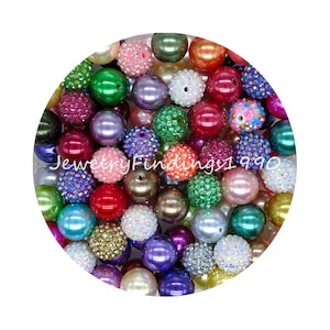 30Pcs 20mm Chunky Bubblegum Beads, Imitation Pearl Beads, Rhinestone Bayberry Acrylic Beads, Resin Mixed Beads