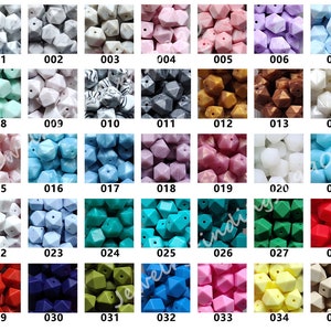 May include: A set of 35 silicone teething beads in various colors and patterns, including white, gray, light blue, pink, teal, green, red, yellow, and black. The beads are shaped like a multifaceted geometric shape with six sides. Each bead is numbered from 001 to 035.