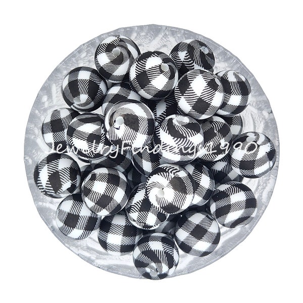 Perle d'impression à carreaux noir blanc, 10 - 100 PCS Perle en vrac, Perle en silicone 12/15 mm, Accessoires de fabrication de collier de bijoux, Boules de perles en silicone, # 51