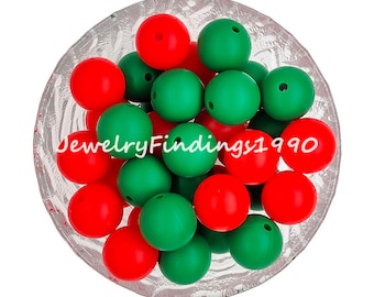 Christmas Assorted Silicone Beads, Red, Green 2 Color Mixed Beads, Wholesale 12/15mm Round Silicone Beads, DIY Keychain