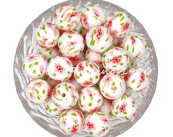 Bulk Beads, Flower Print Beads, 15mm Tulip Silicone Beads, Round Beads, DIY Bag Car Charm Gift, 10/20/50/100Pcs Silicone Beads