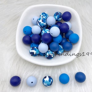 Blue Series Mixed Color Silicone Beads, Blue Camo Print Silicone Beads, 12/15mm Round Silicone Beads, DIY Necklace Jewelry Making