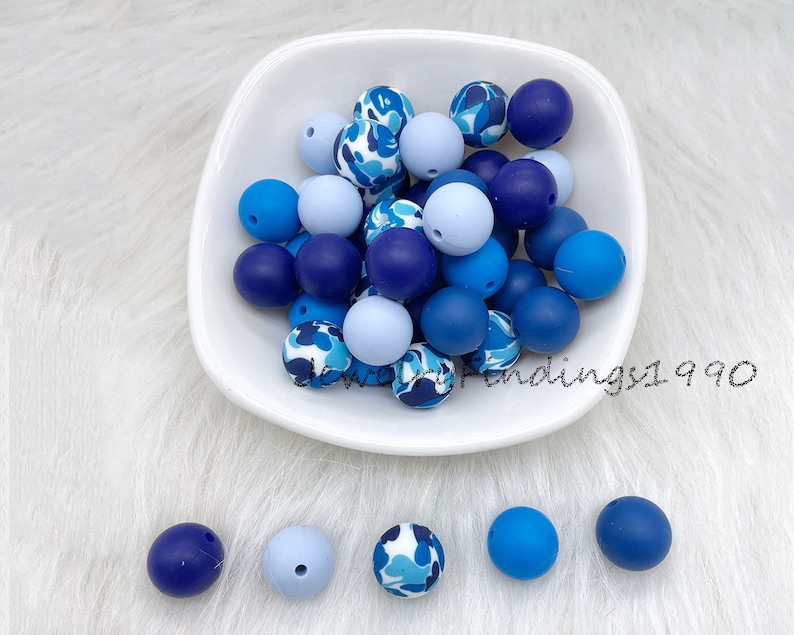 Blue Series Mixed Color Silicone Beads, Blue Camo Print Silicone Beads, 12/15mm Round Silicone Beads, DIY Necklace Jewelry Making image 1