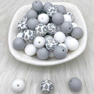 Grey Leopard Print Beads Mix, Craft Beads, 12/15mm Round Silicone Beads Wholesale, Focal Silicone Beads, Bulk Loose Beads