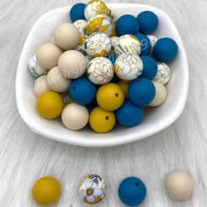 Mustard, Navajo White, Blue Green & Flower Print Silicone Beads Mix, 12/15mm Silicone Beads, Wholesale Beads, Round Silicone Beads