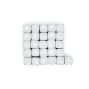 Grey 12mm Alphabet Silicone Beads, Soft Silicone Beads, Alphabet Square Silicone Beads, 26 Letter Silicone Beads, Cube A-Z Silicone Beads