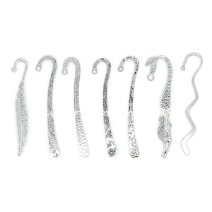 7Pcs/Lots Assorted Design Antique Tibetan Silver Carved Hook Bookmarks, Beadable Alloy Bookmarks Blank