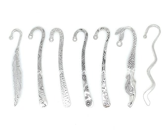 7Pcs/Lots Assorted Design Antique Tibetan Silver Carved Hook Bookmarks, Beadable Alloy Bookmarks Blank