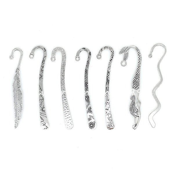 7Pcs/Lots Assorted Design Antique Tibetan Silver Carved Hook Bookmarks, Beadable Alloy Bookmarks Blank