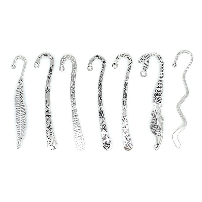 7Pcs/Lots Assorted Design Antique Tibetan Silver Carved Hook Bookmarks, Beadable Alloy Bookmarks Blank