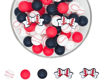 Baseball Focal Beads Mix 15mm Silicone Round Beads,Baseball Print Beads,Assorted Silicone Beads,DIY Keychain