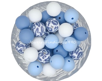 Round Silicone Beads, Leopard Print Silicone Beads, Blue White Leopard Mixed Color Beads, Bulk 12/15mm Silicone Beads, Craft Supplies