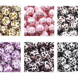 Cow Silicone Beads, Print Beads, DIY Beaded Keychain Bag Car Charm Gift, 10/20/50/100Pcs Silicone Beads, 12/15mm Round Silicone Beads, #15