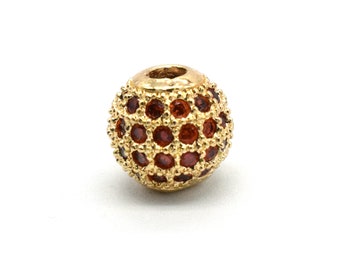 Lot 5/10/50Pcs 8mm 18K Gold Plated CZ Round Beads, Gold Micro Pave Garnent Red CZ Stone Round Ball ,Bracelet Charm Zirconia Round Beads