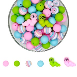 Silicone Beads Bulk,Bookworm Focal Beads For Pen,15mm Silicone Beads,Loose Print Beads,DIY Keychain