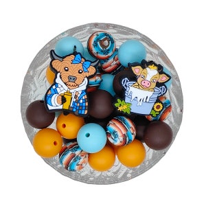 15mm Western Stripe Print Silicone Beads Mix,Cow Focal Beads ,Assorted Beads