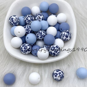Round Silicone Beads, Leopard Print Silicone Beads, Blue White Leopard Mixed Color Beads, Bulk 12/15mm Silicone Beads, Craft Supplies