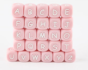 Pink Silicone Letter Beads, 20 - 100 Pcs Cube Silicone English Alphabet Beads,12mm Alphabet Silicone Beads,Soft Beads,Square 26 Letter Beads