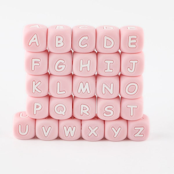 Perles de lettre en silicone rose, 20 - 100 Pcs Cube Silicone English Alphabet Beads, 12mm Alphabet Silicone Beads, Soft Beads, Square 26 Letter Beads