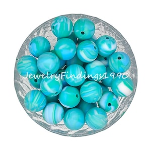 Wholesale Beads, 15mm Silicone Beads, Round New Lake Blue Tie-dye Print Silicone Beads, DIY Necklace Accessories