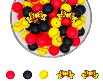 Assorted Silicone Beads,Yellow Baseball Focal Beads,15mm Round Beads,Print Beads,Making Jewelry