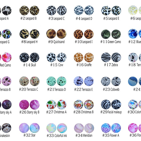 10 - 100 perles en vrac, perle en silicone imprimée, perle ronde en silicone 12/15 mm, perles imprimées terrazzo/camouflage/léopard/crâne/tie-dye, cadeaux de fabrication de bijoux