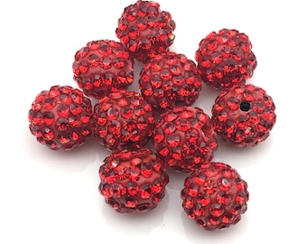 10mm Red Color  Spacer Beads / Rhinestone Crystal Paved Disco Ball Beads /Polymer Clay Beads /DIY Jewelry Accessories Findings