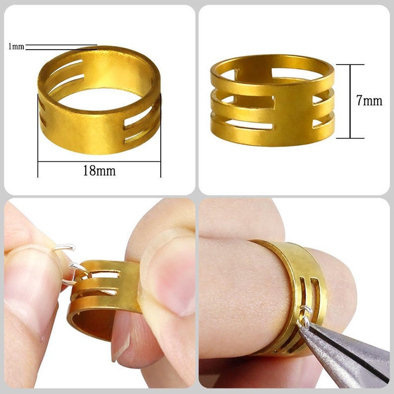 Pode incluir: Anel de metal dourado com tr&ecirc;s ranhuras horizontais. O anel tem 18 mm de di&acirc;metro e 7 mm de largura. O anel &eacute; mostrado sendo usado para segurar uma joia.