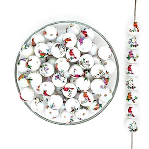 16mm Bird Print Gumball Beads,Cardinal Beads,Loose Acrylic Beads,Bubblegum Beads