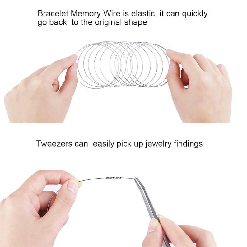 Pode incluir: Close-up de um bracelete de fio de mem&oacute;ria prateado que &eacute; flex&iacute;vel e pode ser facilmente dobrado em diferentes formas. O fio &eacute; mostrado sendo segurado em uma m&atilde;o e depois pegado com uma pin&ccedil;a.
