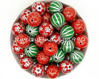 20mm Bubblegum Beads, Acrylic Beads, Chunky Beads,Christmas Print Beads
