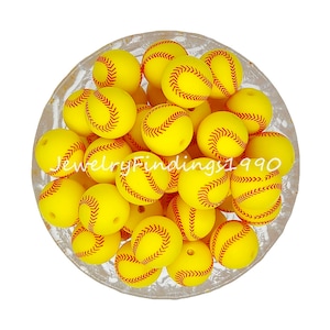 15mm Round Silicone Beads, Yellow Baseball Print Silicone Beads, Silicone Bulk Beads, Soft Silicone Beads, Charm Beads Accessories, #112