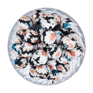 10 - 100 PCS Silicone Beads, Dasiy Print Silicone Bead, Round Shaped Bead, DIY Necklace Gift Accessories, 12/15mm Print Silicone Beads, # 81