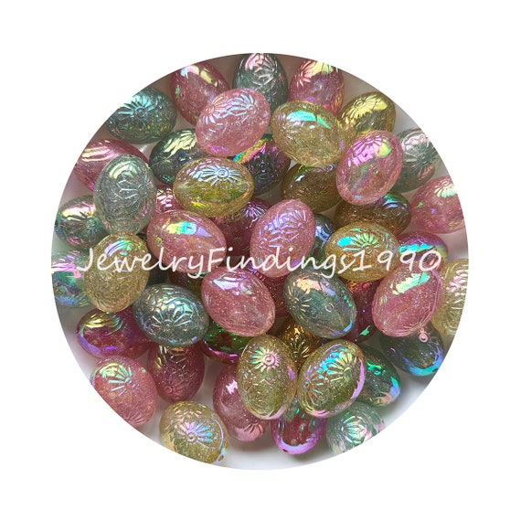 25*18mm Oval Shaped Bubblegum Beads, Flower Carved Acrylic Beads, Glitter Opal Gumball beads,Chunky Loose Beads