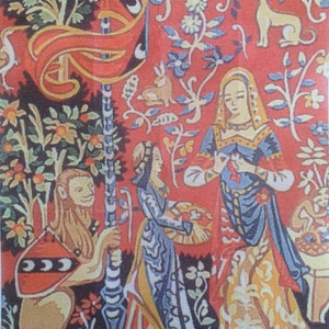 May include: A tapestry depicting a medieval scene with figures in elaborate gowns, a lion holding a shield, and a dog. The background is a mix of red, black, and floral patterns. The artwork has a vintage aesthetic.