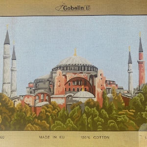 Blue mosque printed needlepoint canvas: Istanbul mosque tapestry, unworked vintage
