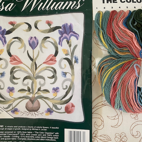 Elsa Williams Jacobean crewel embroidery kit, Mayflower pillow, vintage stamped embroidery