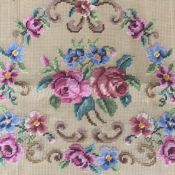 Antique Needle Point Cross Stitch Chair Bue White Flowers