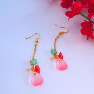 Dragon Flower Earrings, Lunar Chinese New Year floral inspired drop dangle earring, imitation jade bead, cute and kawaii