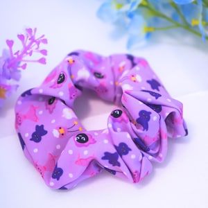 Spooky PokePal Scrunchie, ghost poke monster cute purple hair tie accessory, polyester elastic scrunchie fabric