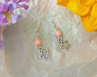 Simple Silver Star Earrings - cute, dainty, handcrafted earrings, silver star and pink bead